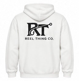 Reel Thing Co. white hoodie back view with full logo