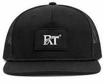 Richardson 110 black flat-brim snapback hat with RT woven patch
